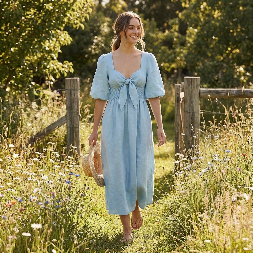 Noah | Women's Midi Dress With Light Blue Tone And Puff Sleeves | Dreamy