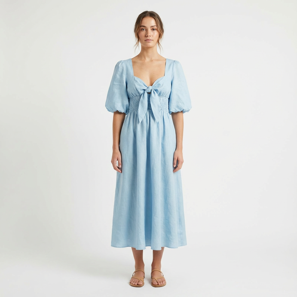 Noah | Women's Midi Dress With Light Blue Tone And Puff Sleeves | Dreamy