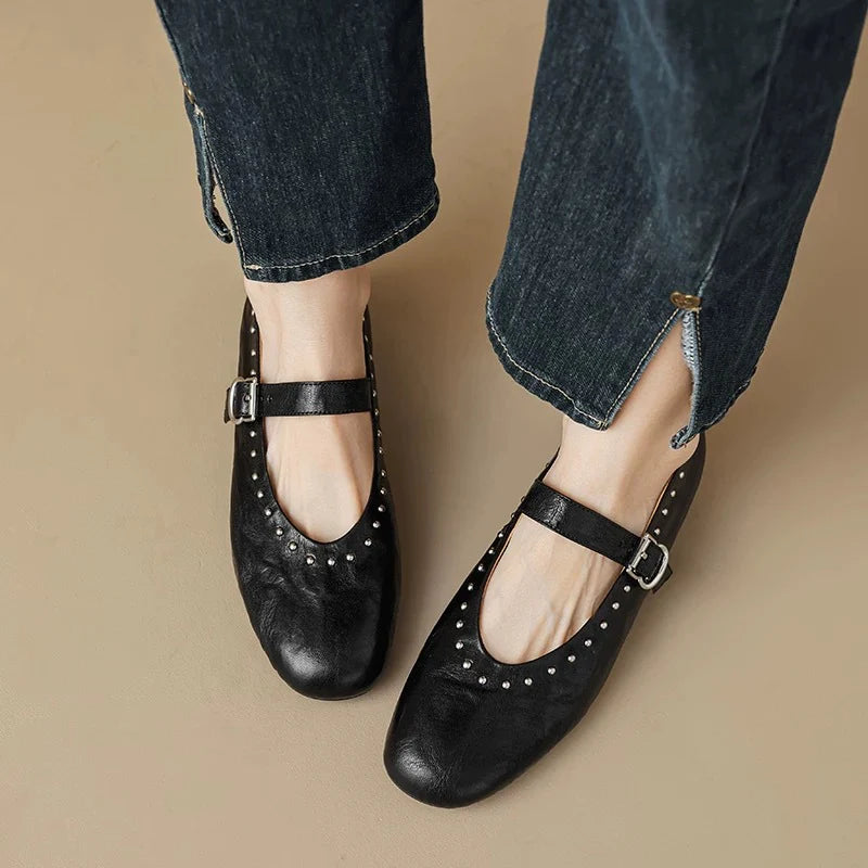 WOMEN'S LEATHER MARY JANE FLATS WITH STRAP AND STUDS DETAIL