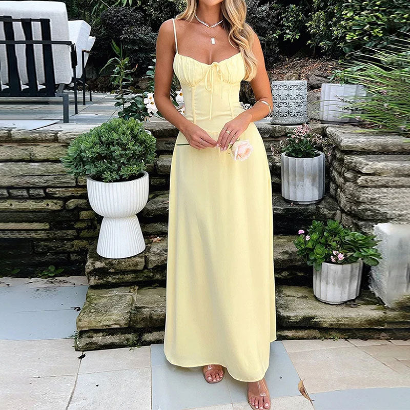 Women's Summer Maxi Dress With Ruched Bodice & Sleeveless Design
