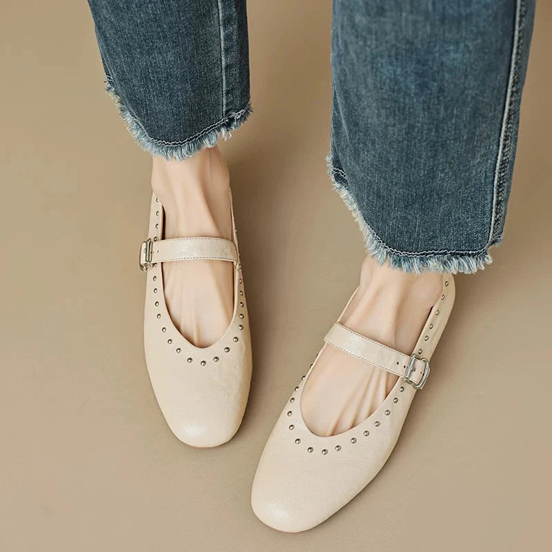 WOMEN'S LEATHER MARY JANE FLATS WITH STRAP AND STUDS DETAIL