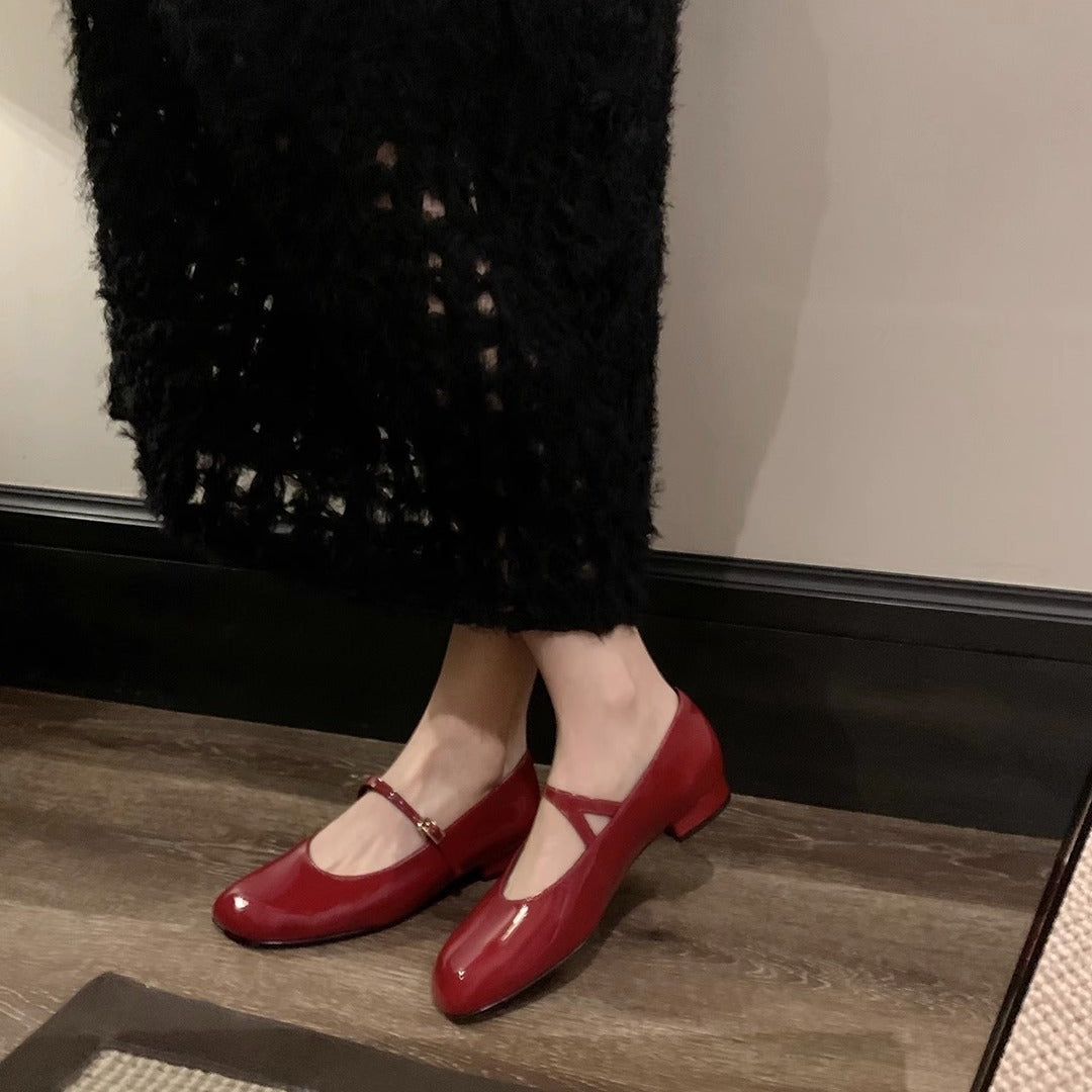 Women's Mary Jane Block Heel Ballerinas with Adjustable Strap