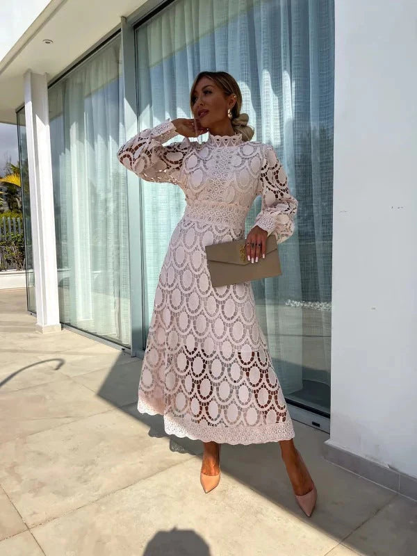Women's Lace Midi Dress With High Neck & Puff Sleeves