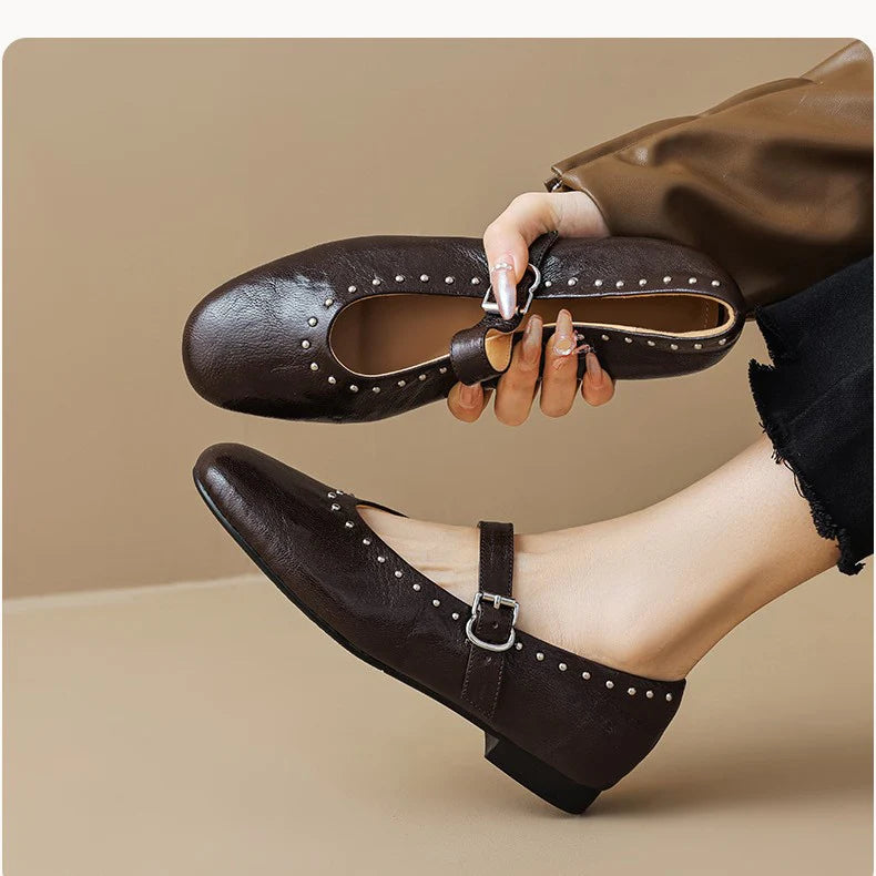 WOMEN'S LEATHER MARY JANE FLATS WITH STRAP AND STUDS DETAIL