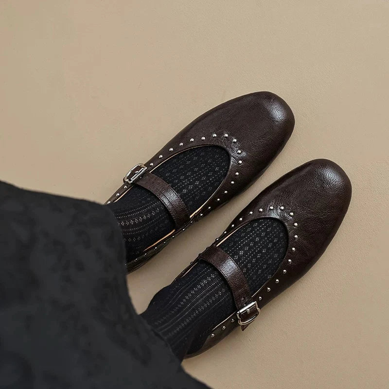 WOMEN'S LEATHER MARY JANE FLATS WITH STRAP AND STUDS DETAIL