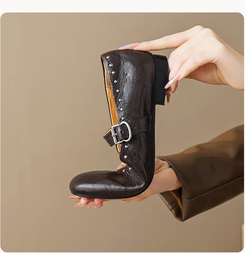 WOMEN'S LEATHER MARY JANE FLATS WITH STRAP AND STUDS DETAIL