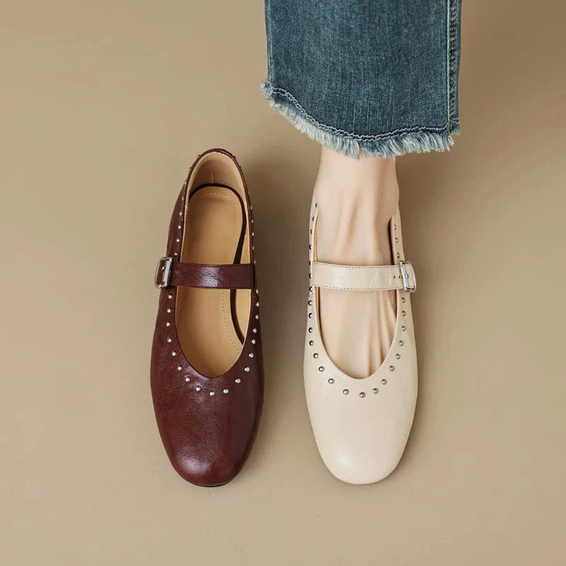 WOMEN'S LEATHER MARY JANE FLATS WITH STRAP AND STUDS DETAIL