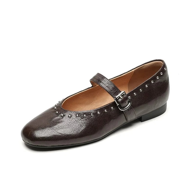 WOMEN'S LEATHER MARY JANE FLATS WITH STRAP AND STUDS DETAIL