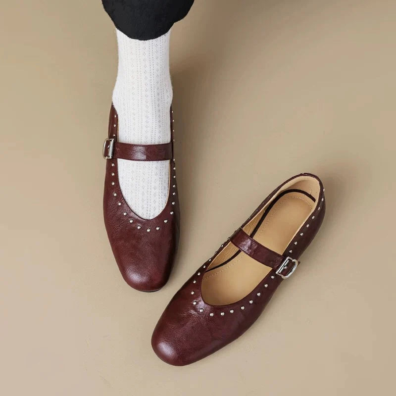 WOMEN'S LEATHER MARY JANE FLATS WITH STRAP AND STUDS DETAIL