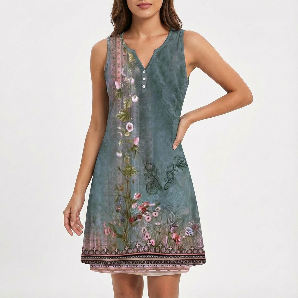 Olive | Women's Shift Dress With Notch Neckline And Button Detail | Casual