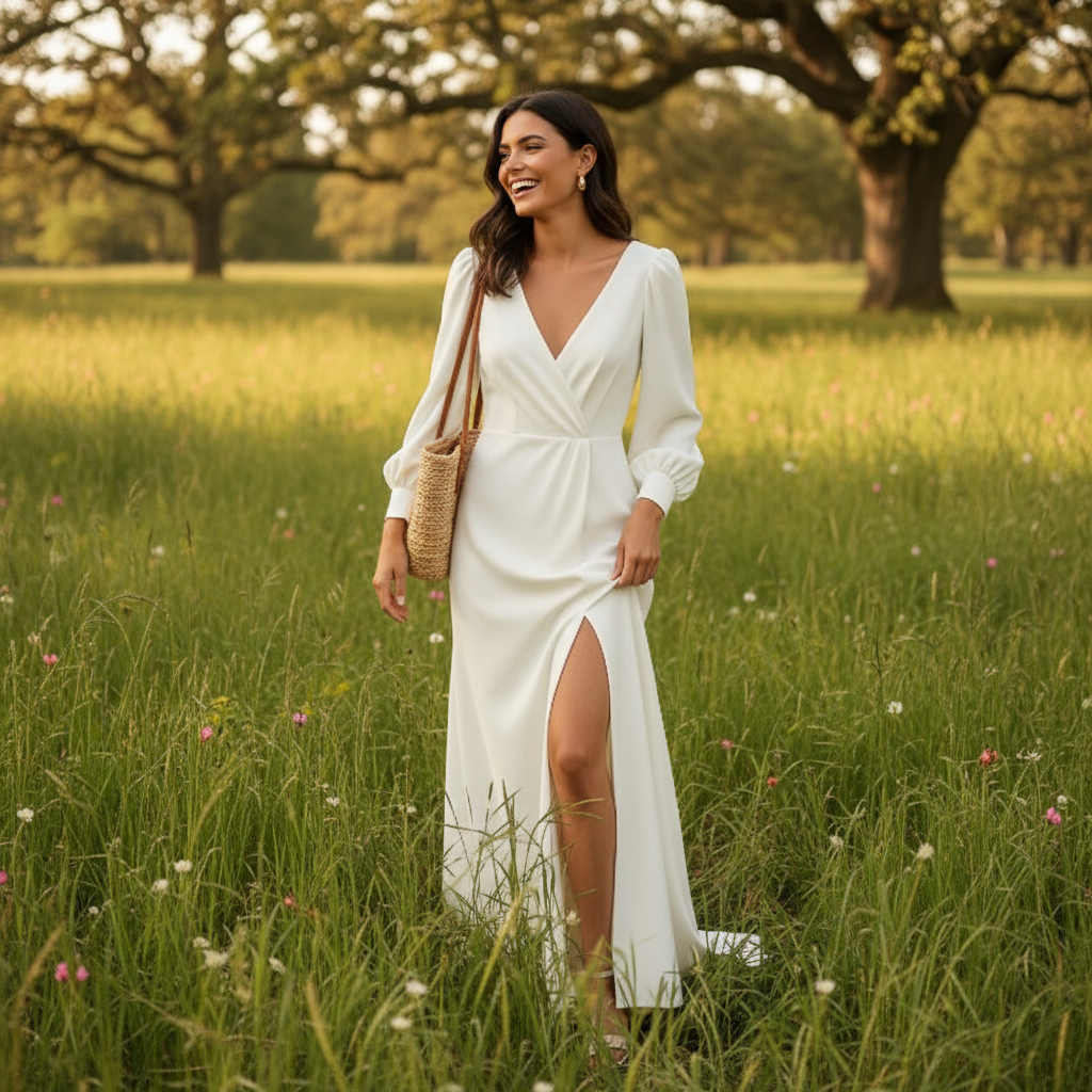 Olivia | Women's White Maxi Dress With Bishop Sleeves And Side Slit | Timeless