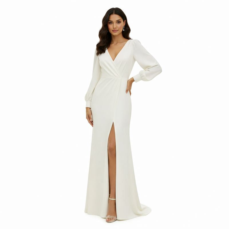 Olivia | Women's White Maxi Dress With Bishop Sleeves And Side Slit | Timeless