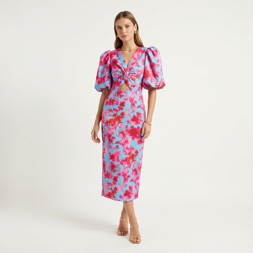Olivia | Women's Midi Dress With Puff Sleeves And Twisted Front | Elegant