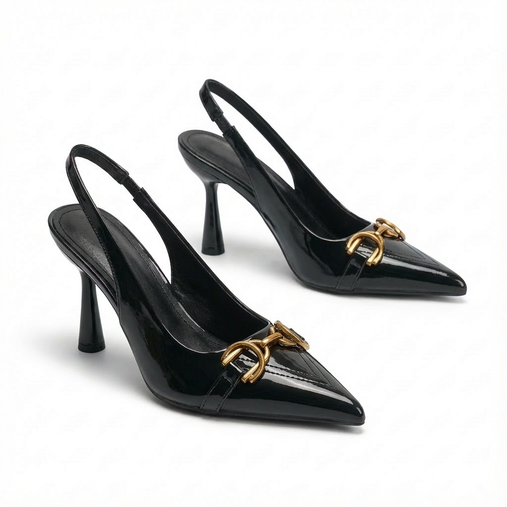 Olivia | Women's Slingback Heels With Gold Buckle And Pointed Toe | Polished