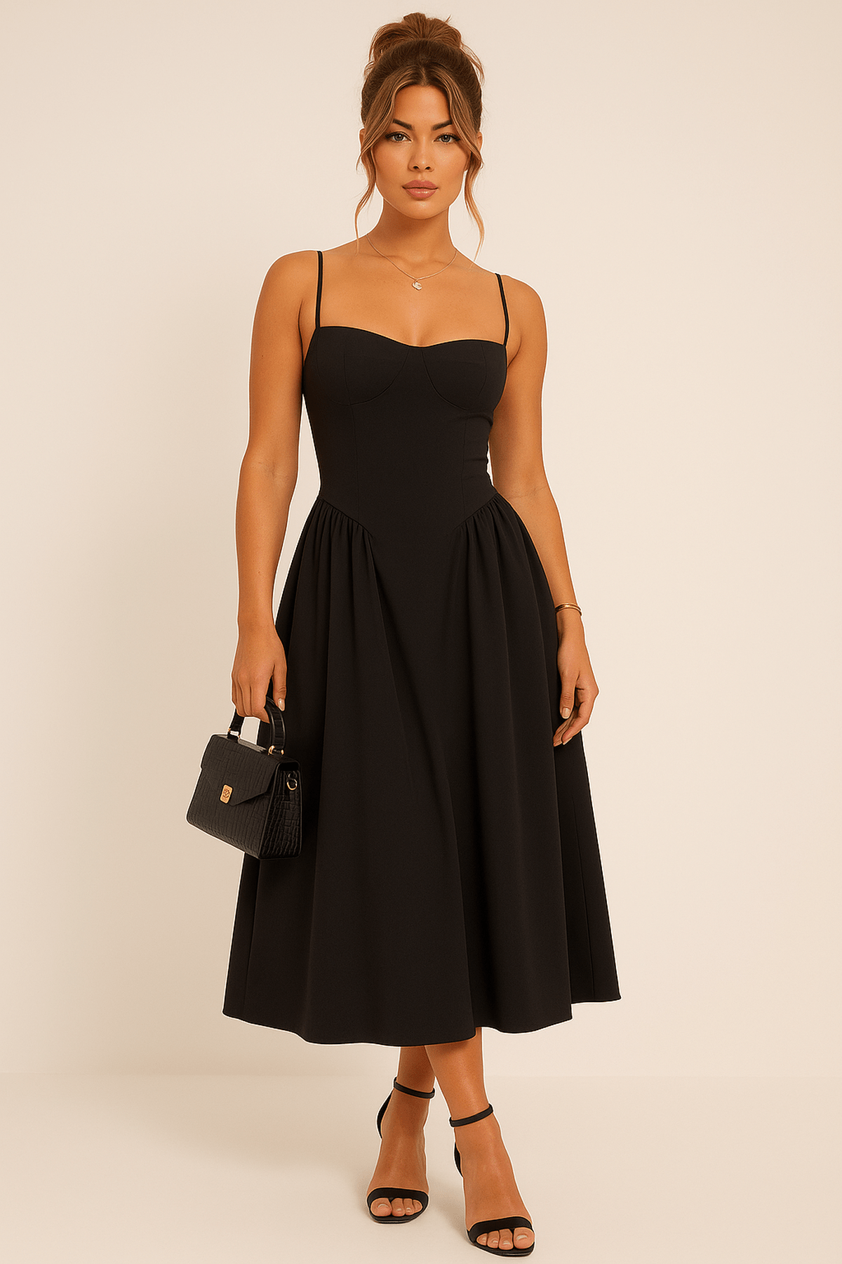 Women's Black Corset Midi Dress With Spaghetti Straps