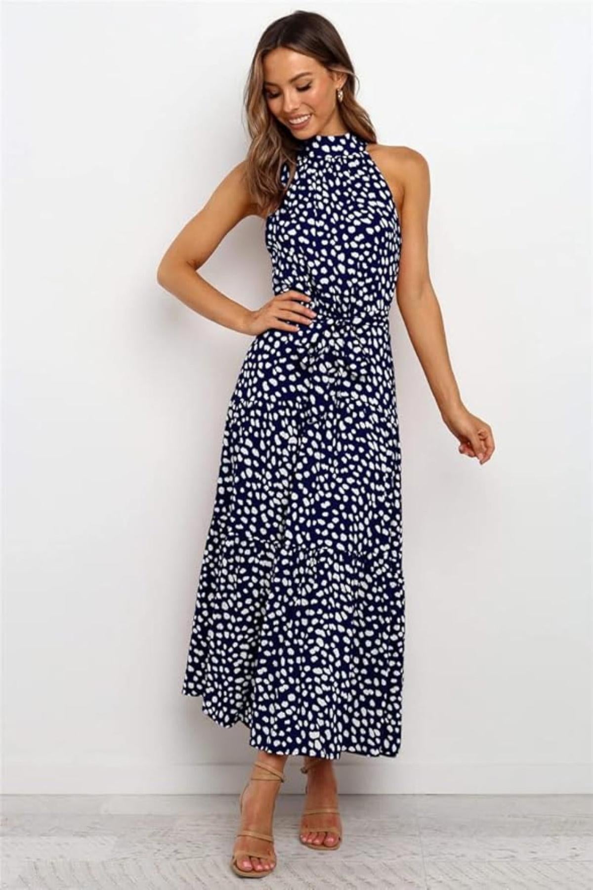 Women's Polka Dot Halter Midi Sundress