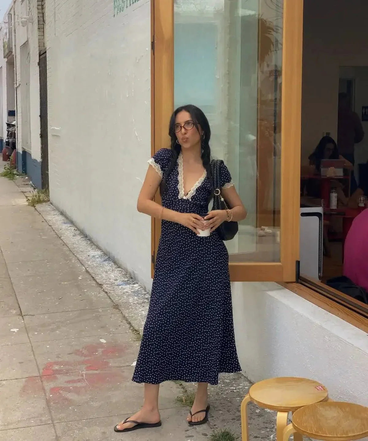 Women's Polka Dot Midi Dress With Lace Trim And V-neck
