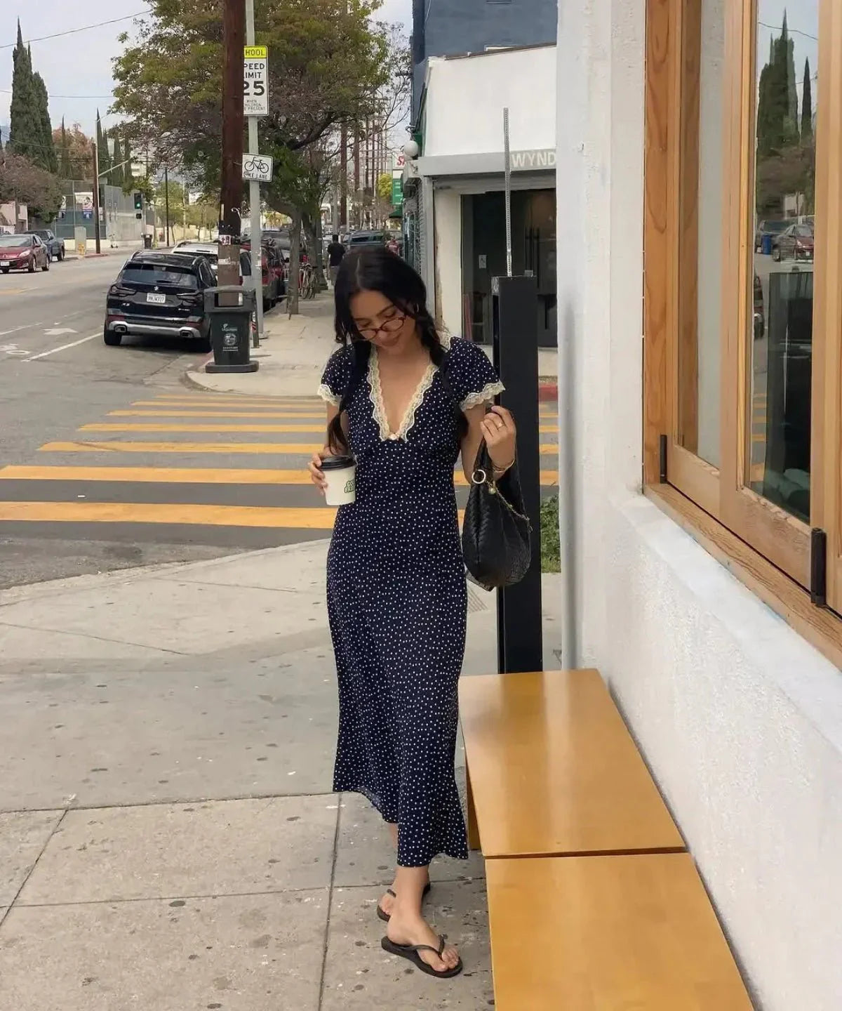Women's Polka Dot Midi Dress With Lace Trim And V-neck