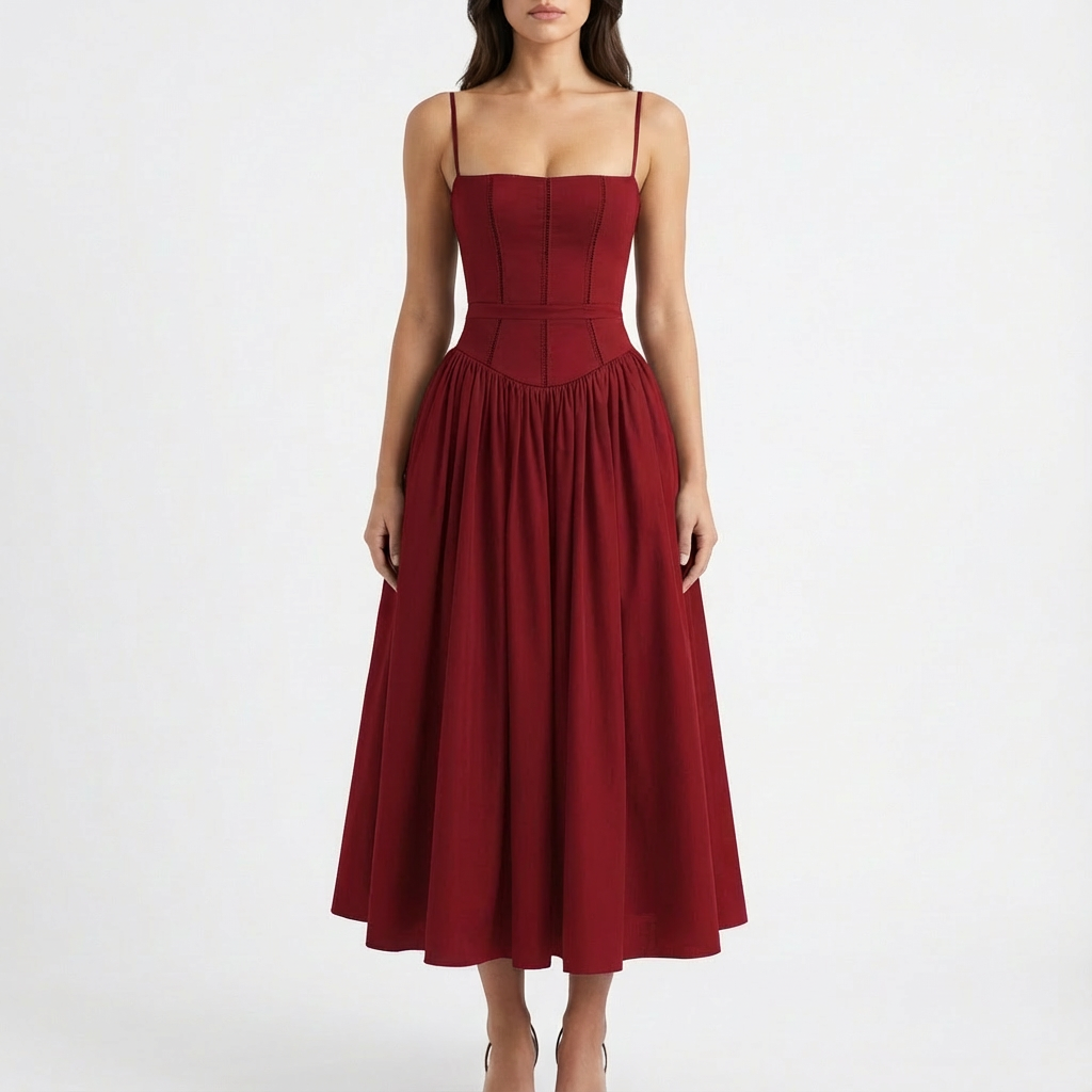 Poppy | Women's A-Line Midi Dress With Structured Bodice And Thin Straps | Chic