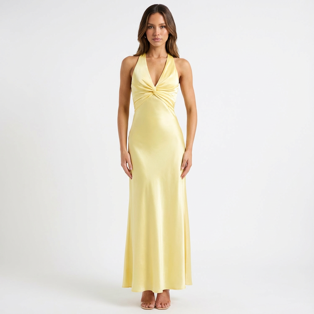 Poppy | Women's Yellow Maxi Dress With Halter Top And Front Knot Detail | Luxe