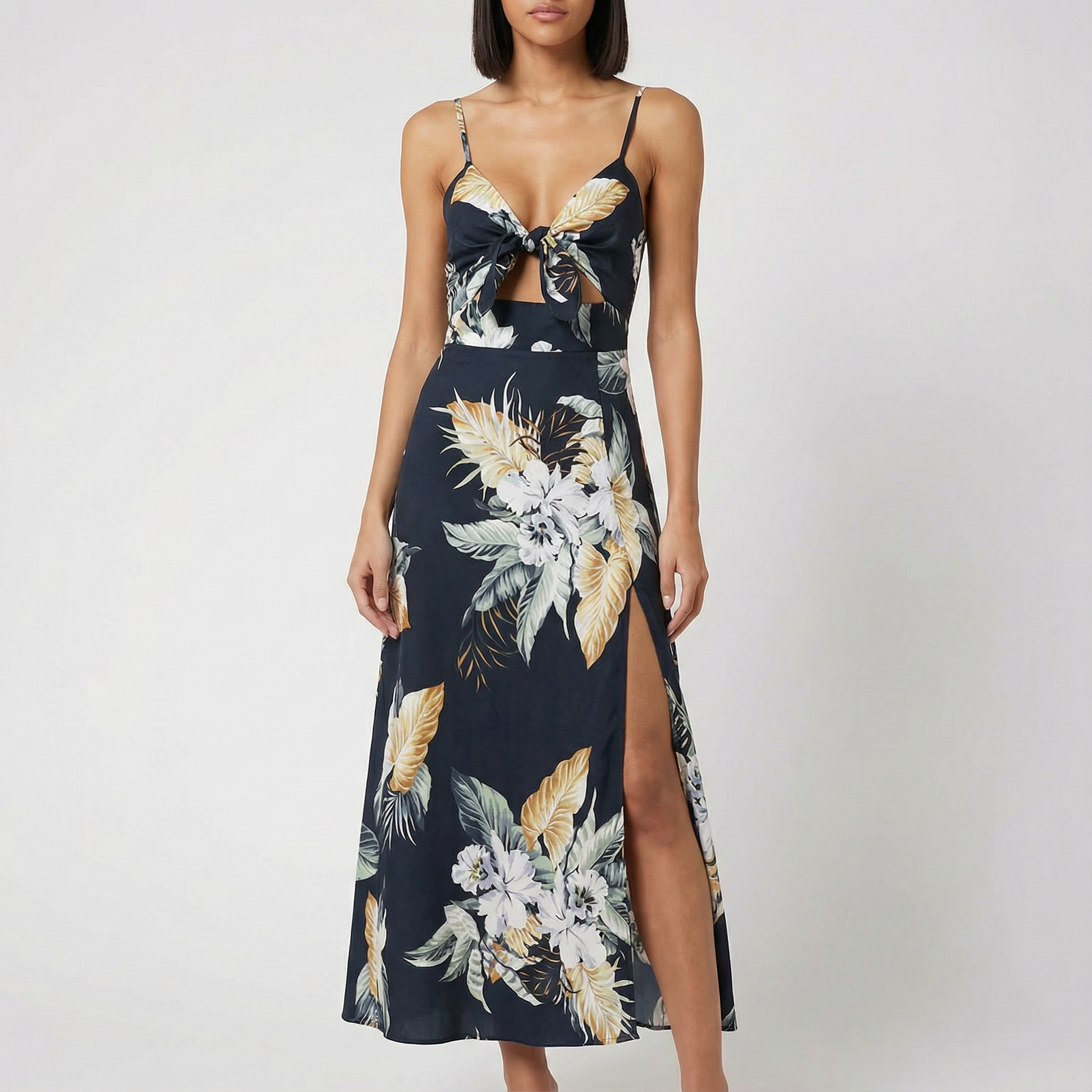 Poppy | Women's Midi Dress With Bow Front And Side Slit | Tropical