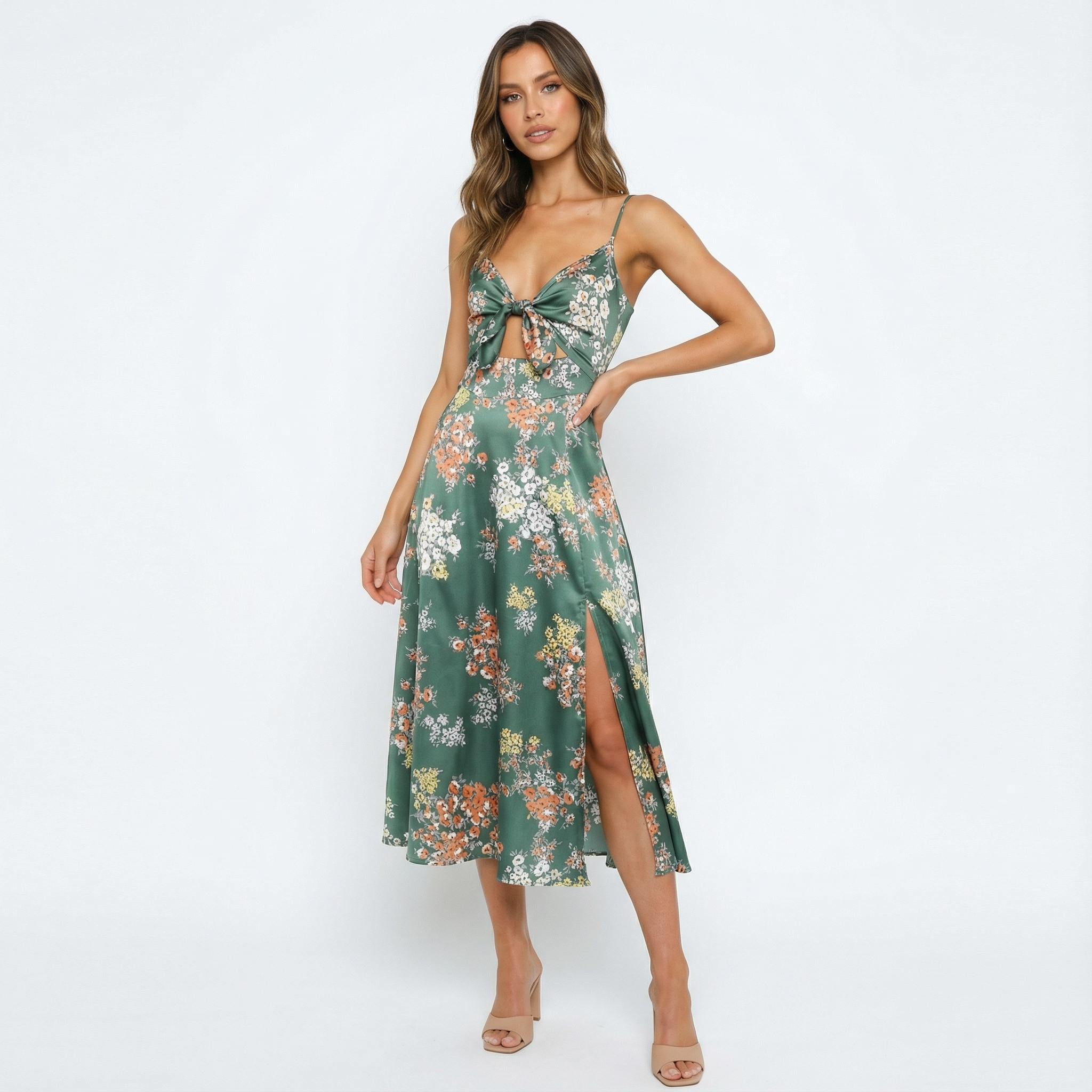 Poppy | Women's Midi Dress With Bow Front And Side Slit | Tropical