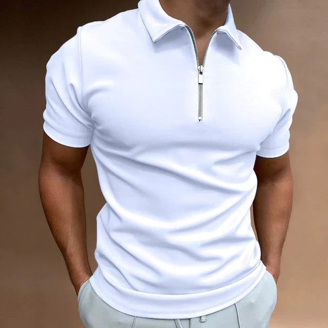 MEN'S COTTON BLEND ZIPPER POLO SHIRT WITH SHORT SLEEVES