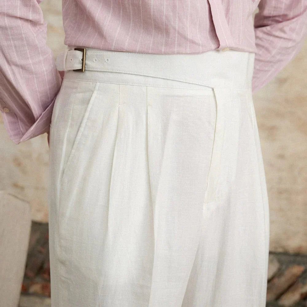 Premium White Linen Pants for Men – Tailored Fit, Adjustable Side Tabs, Breathable and Wrinkle-Resistant