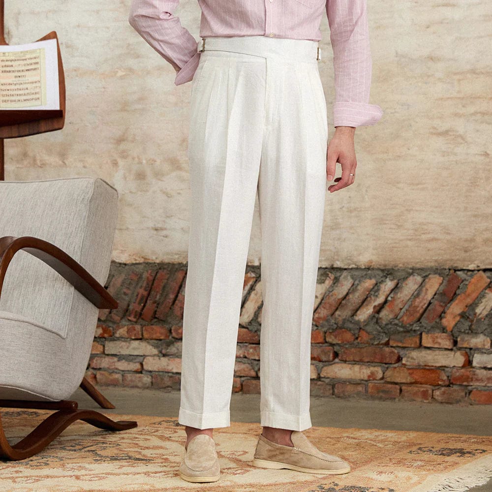 Premium White Linen Pants for Men – Tailored Fit, Adjustable Side Tabs, Breathable and Wrinkle-Resistant