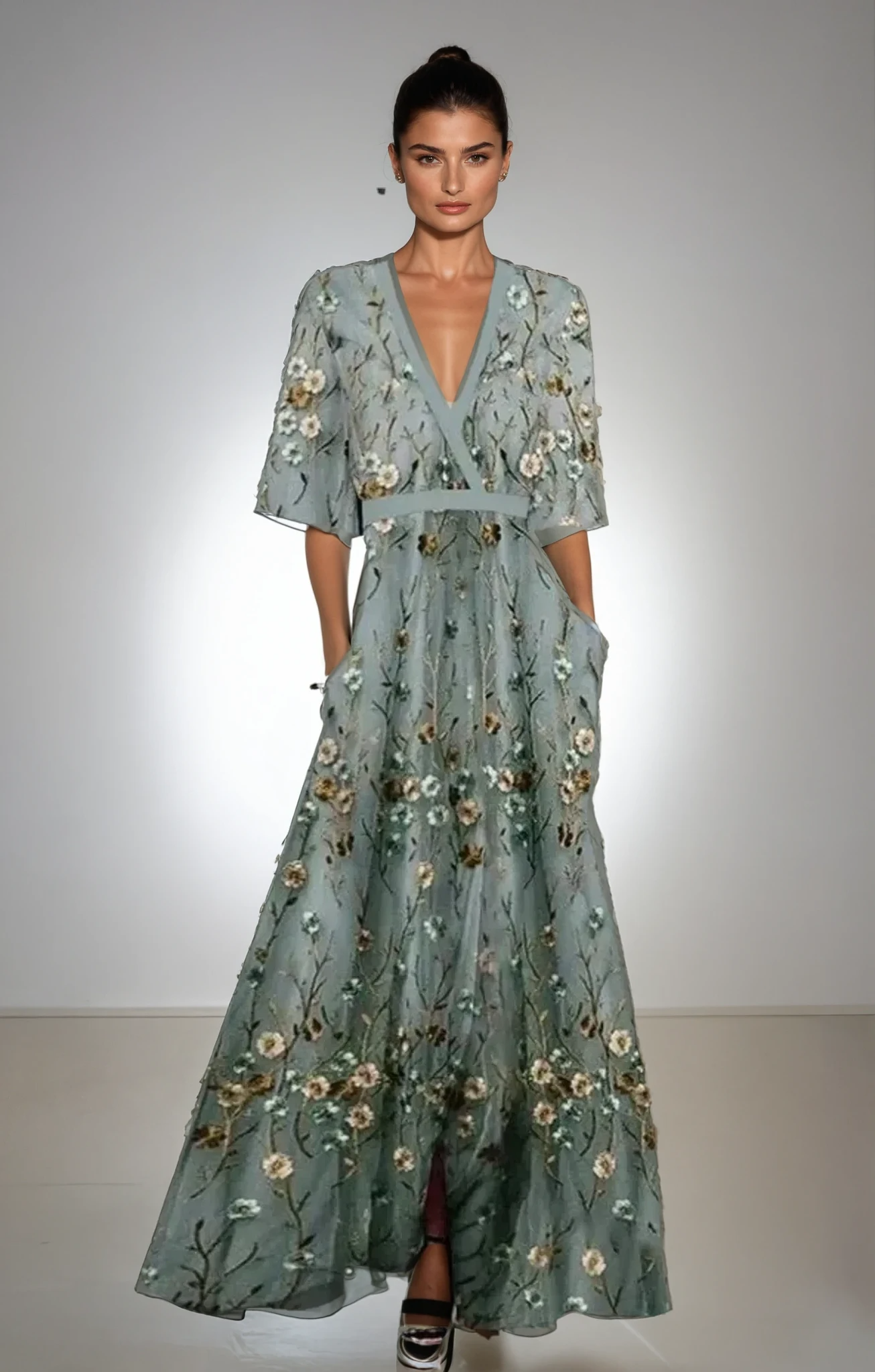 ELEGANT MAXI FLORAL DRESS WITH DEEP V NECK FOR WOMEN