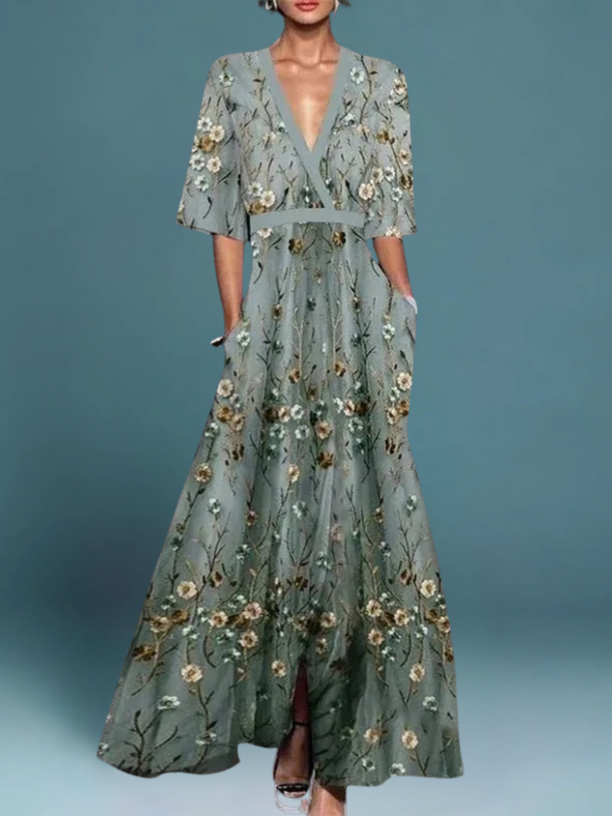 ELEGANT MAXI FLORAL DRESS WITH DEEP V NECK FOR WOMEN