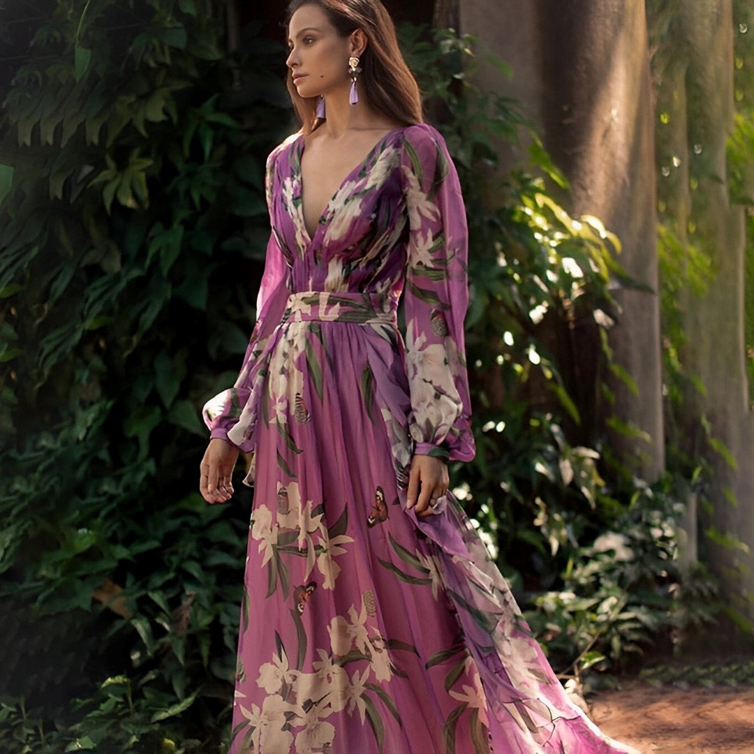 Women's Floral Chiffon Maxi Dress With V-neck And Long Sleeves