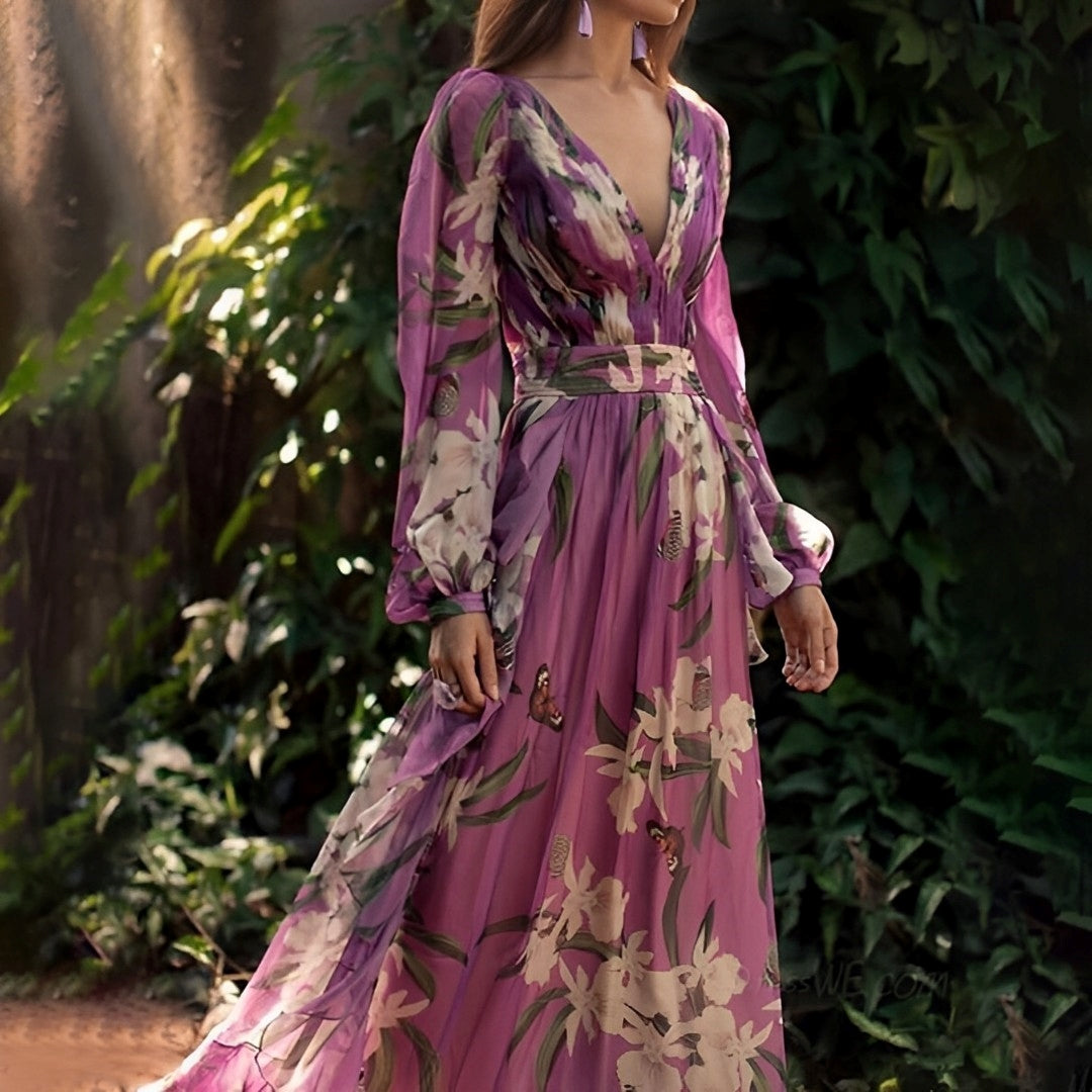 Women's Floral Chiffon Maxi Dress With V-neck And Long Sleeves