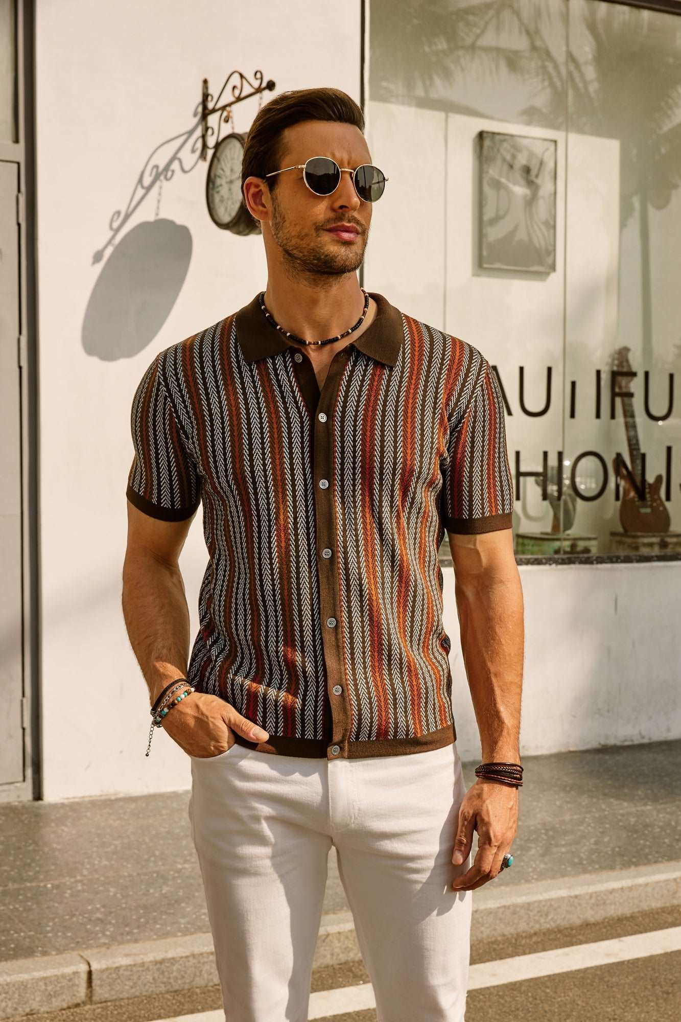 MEN'S STRIPED POLO SHIRT WITH SHORT SLEEVES AND BUTTON DOWN FRONT