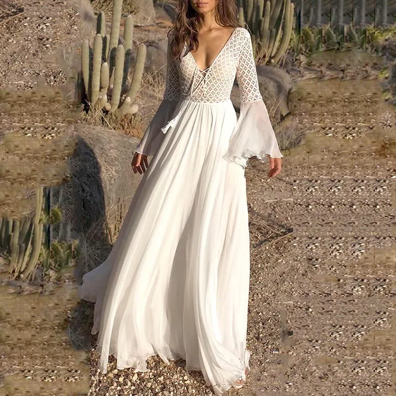 WOMEN'S BOHO MAXI DRESS WITH LACE BODICE AND FLARED LONG SLEEVES