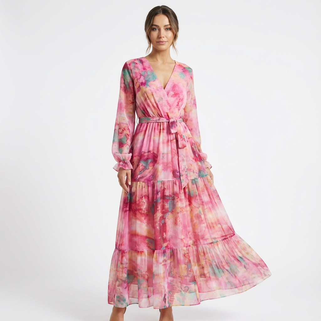 Rose | Women's Pink Maxi Dress With Wrap Bodice And Tiered Skirt | Romantic