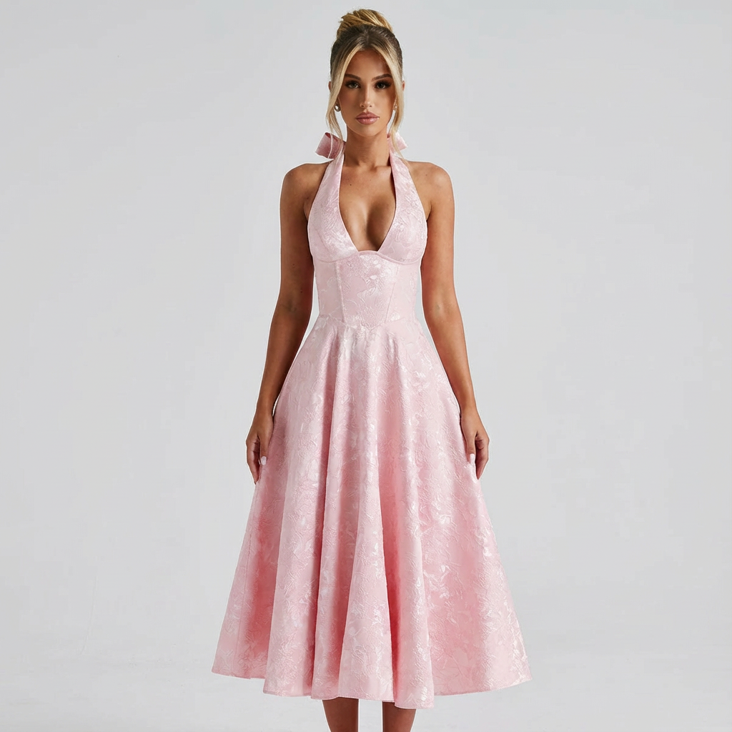 Rosie | Women's Midi Dress With V-Neck Halter And Full Skirt | Romantic