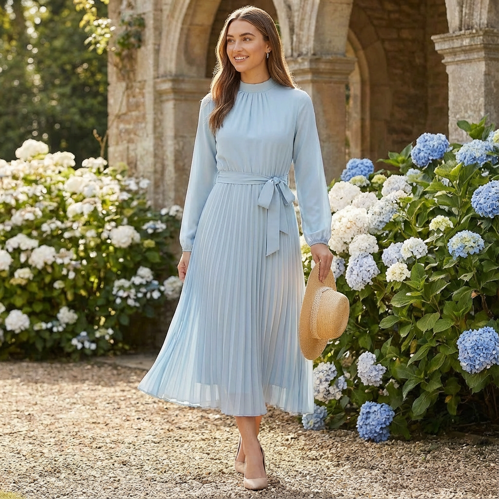 Rowan | Women's Long Sleeve Pleated Midi Dress