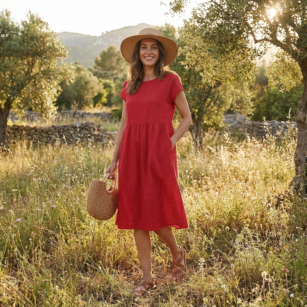 Ruby | Women's Midi Dress With Round Neckline And Gathered Waist | Relaxed