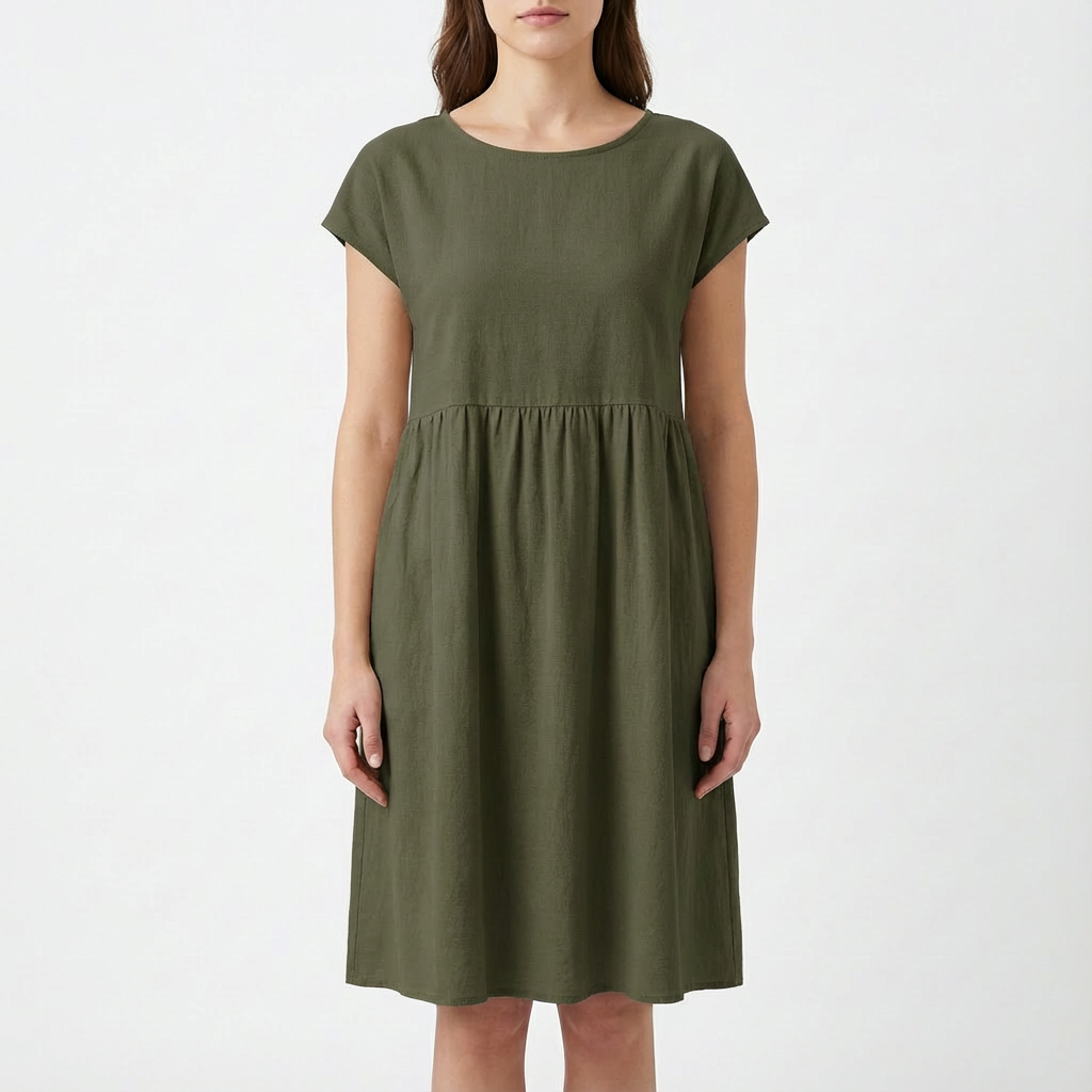 Ruby | Women's Midi Dress With Round Neckline And Gathered Waist | Relaxed
