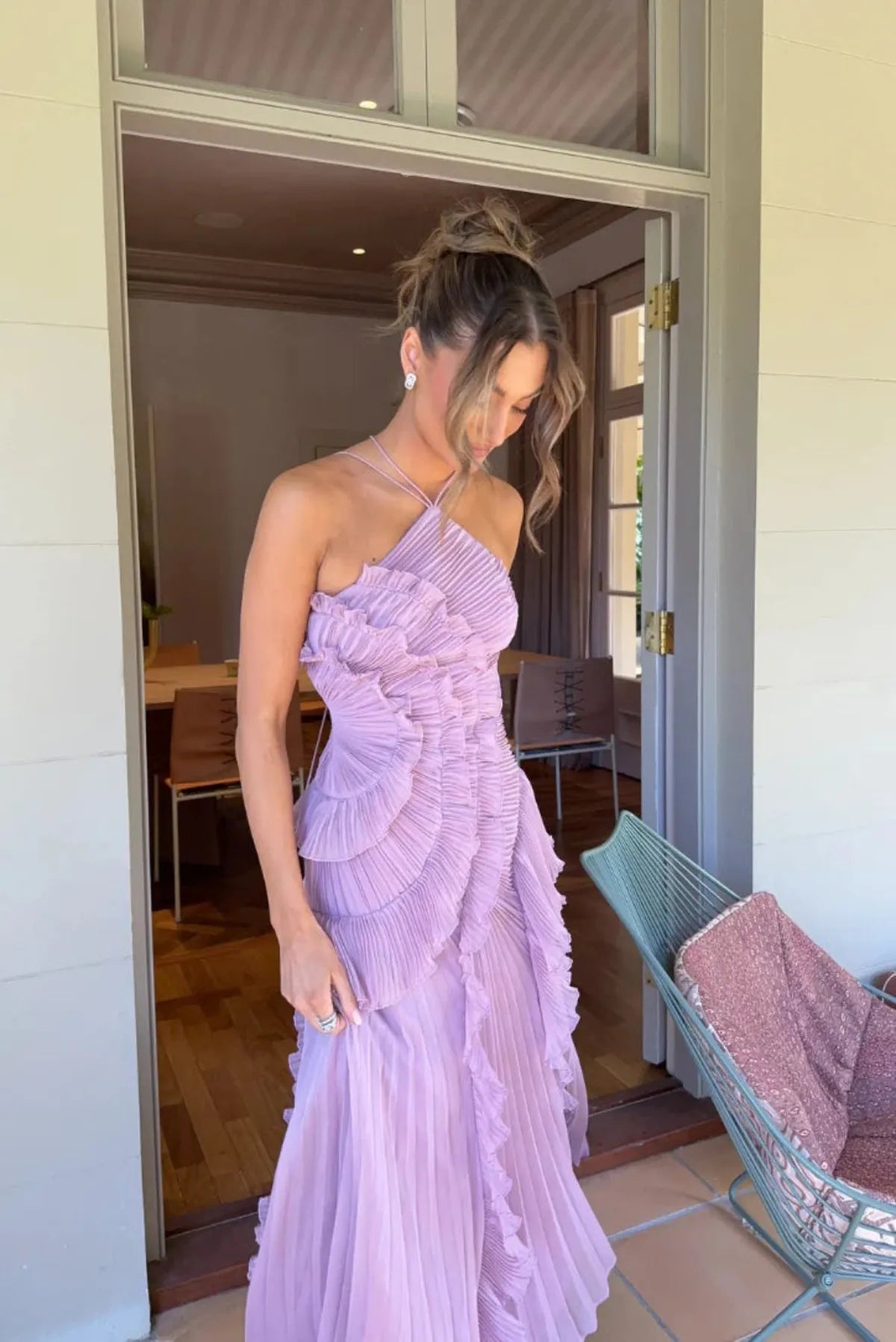 Women's Ruffled Halter Maxi Dress With Split Hem And Backless Design