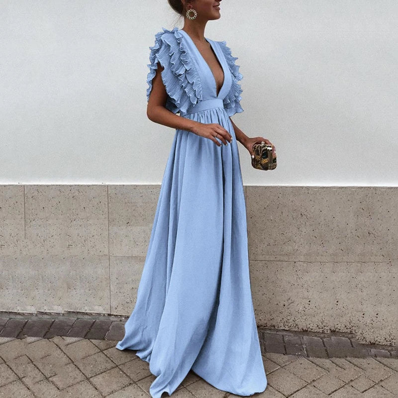 Women's Maxi Evening Dress With Ruffled Sleeves And Deep V-neck