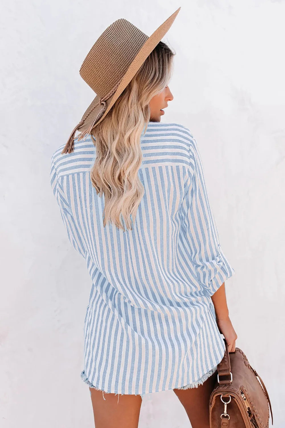 Women's Striped Button Up Shirt With Rolled Sleeves