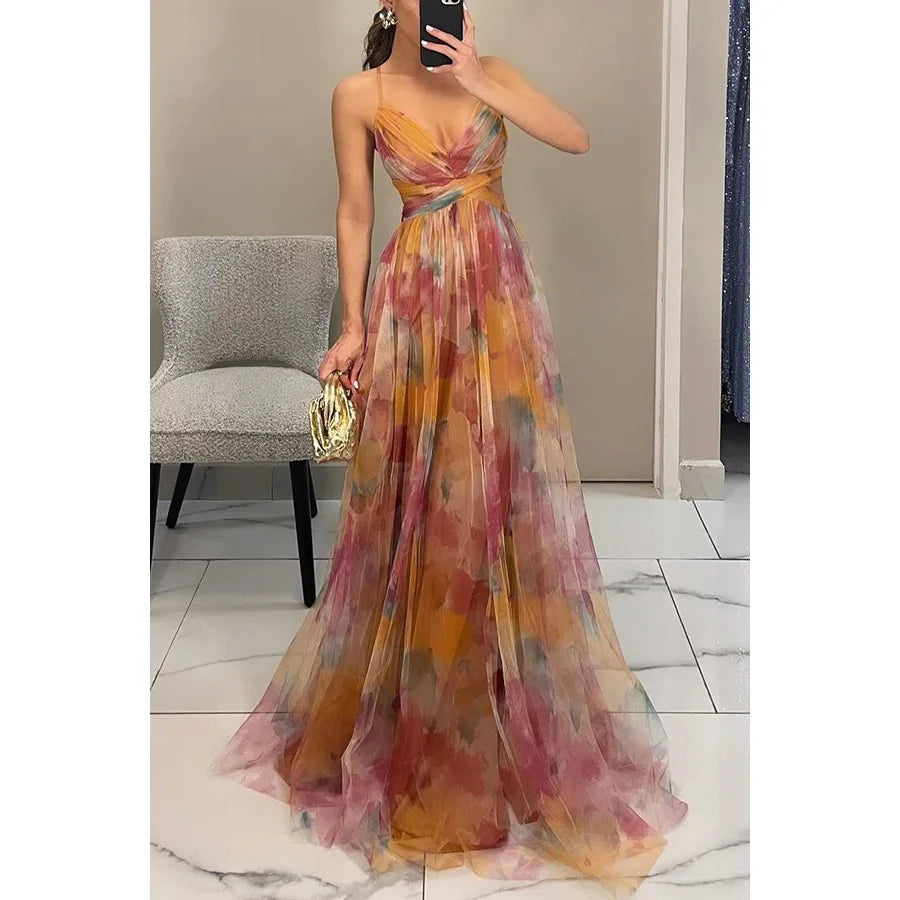 Women's Wedding Guest Maxi Dress With Spaghetti Straps & Flowy Skirt