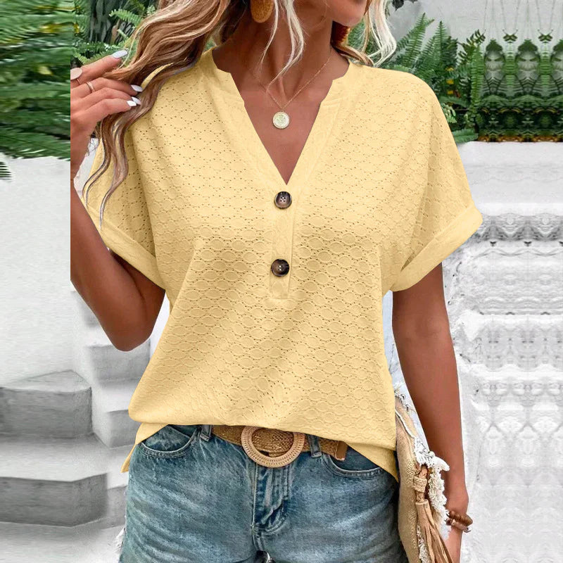 Women's Textured Blouse With V-neck And Short Sleeves