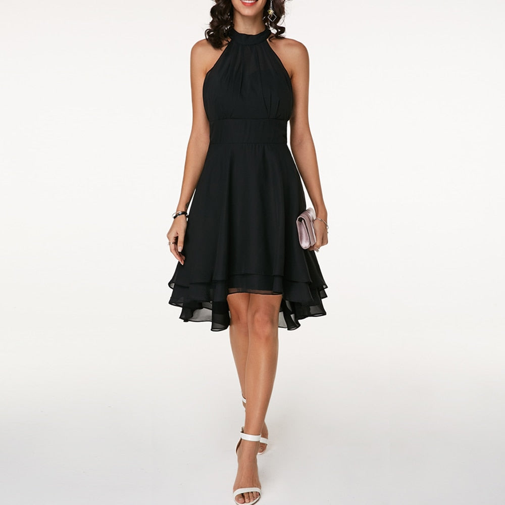 Women's Halter Neck Mini Dress With Layered Sheer Detail