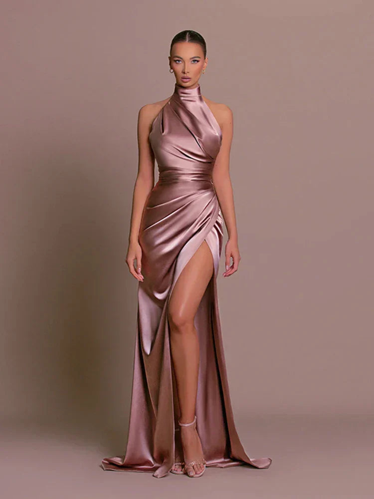 HALTER NECK FORMAL SATIN MAXI WEDDING GUEST DRESS