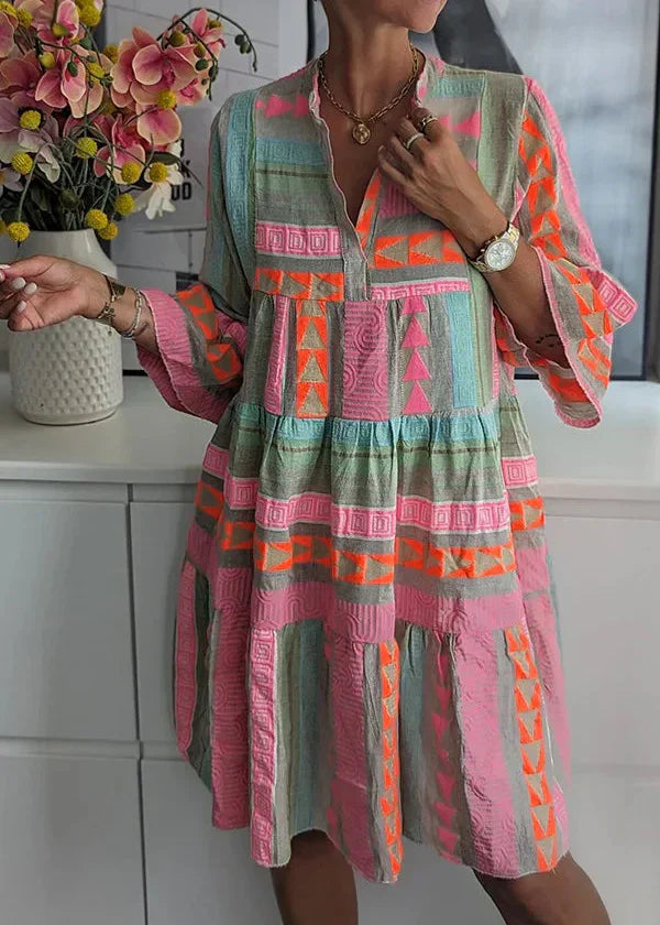 STYLISH COTTON HEMP V-NECK BOHO MIDI SUMMER DRESS