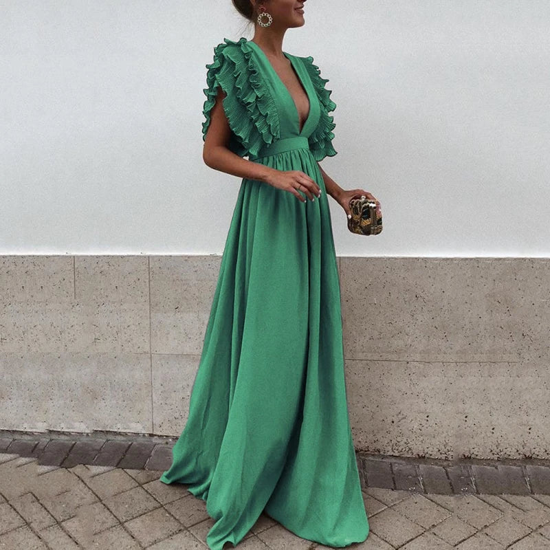 Women's Maxi Evening Dress With Ruffled Sleeves And Deep V-neck