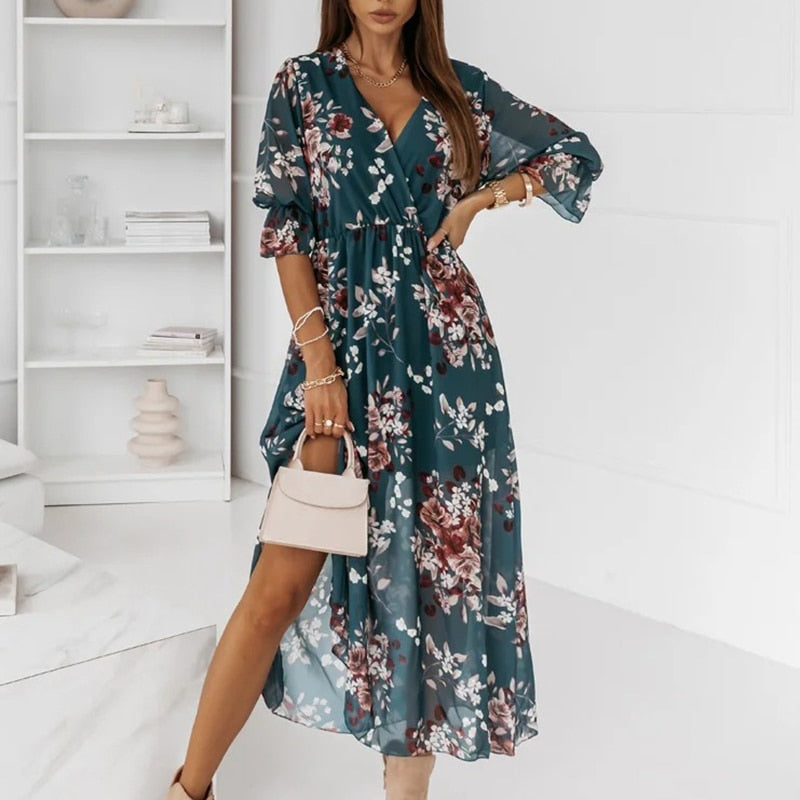 Women's Printed Wrap Midi Dress With V-neck & Half Sleeves